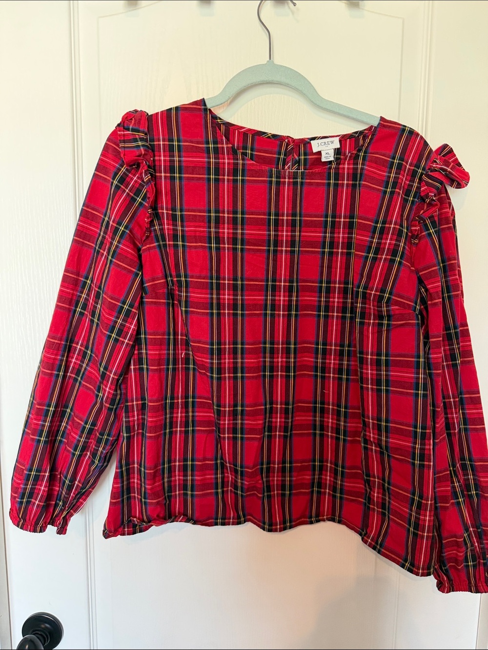 J. Crew Red Plaid Ruffle-Accent Blouse